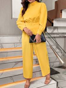 Calvaya Plus Mock Neck Wide Leg Jumpsuit - Yellow - View 5