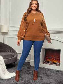 EMERY ROSE Plus Pearls Beaded Drop Shoulder Sweater - Brown - View 3