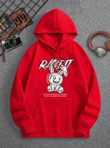 男士標語和卡通圖案袋鼠口袋抽繩加絨內裏連帽衫 - 紅色 - 查看 1