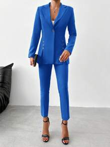 EURMUSE Women's Solid Color Lapel Single-breasted Suit Jacket And Pants Set - Biru - View 5