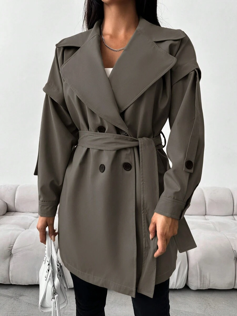 EURMUSE Trench Maxi Culoare Solidă De Damă, Cu Reve, Închidere Dublu Piept Și Curea În Talie