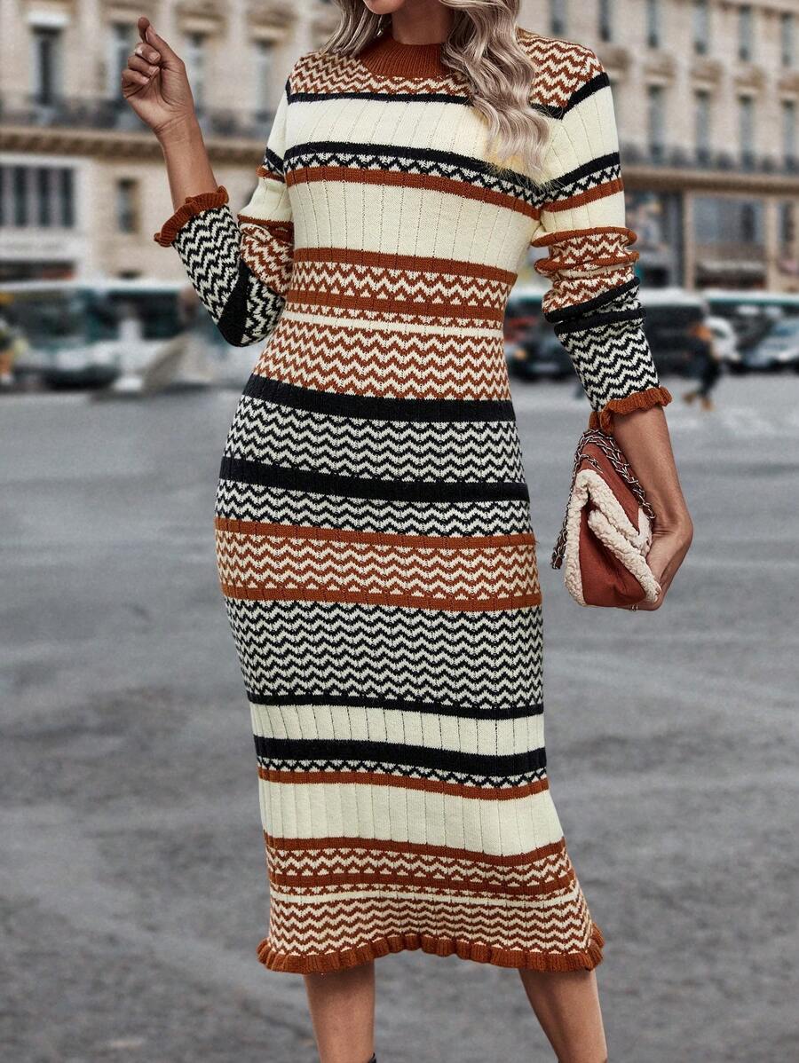 SHEIN Essnce Chevron & Hoa văn sọc Lá sen tỉa Đầm Áo len - Nhiều màu - Xem 1