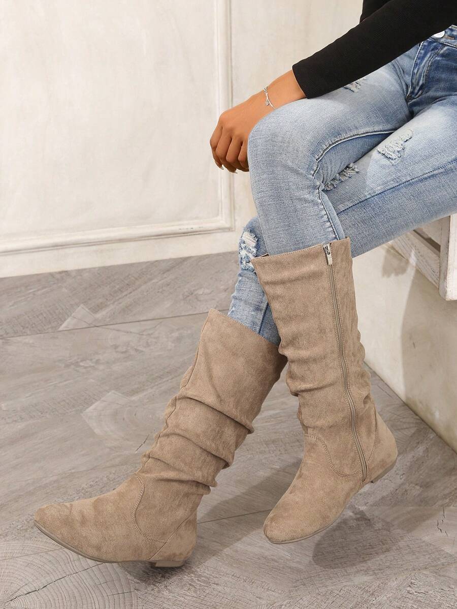 Fall/Winter Khaki Pleated Side Zipper Round Toe Comfortable Versatile Vacation Daily Office Commute Mid-Calf Boots, Fashionable Flat Women Boots