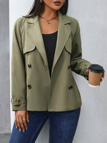SHEIN LUNE NỮ Đôi ngực Áo khoác Trench - xanh quân đội - Xem 6