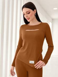 Mulvari Thư được vá Cắt ra Áo thun và Leggings - Màu Khaki - Xem 6