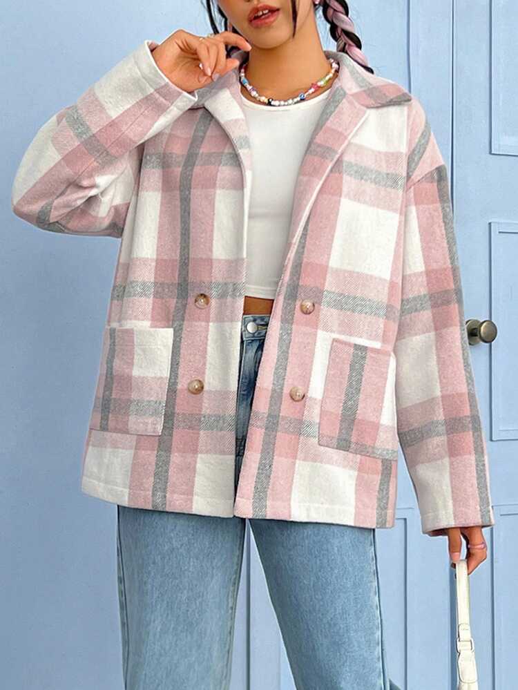 Plaid Double Breasted Dual Pocket Drop Shoulder Overcoat