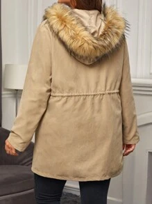 EMERY ROSE Plus Drawstring Waist Fuzzy Trim Hooded Parka Coat - Khaki - View 2