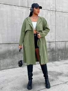 Flirla Plus Drawstring Waist Hooded Coat - Army Green - View 5