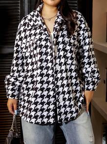SHEIN EZwear 大碼千鳥格印花翻蓋口袋落肩袖花呢外套 - 黑與白 - 查看 6