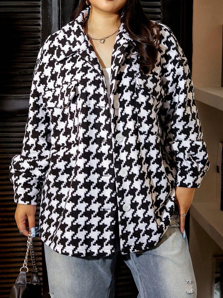 Plus Houndstooth Print Flap Pocket Drop Shoulder Overcoat