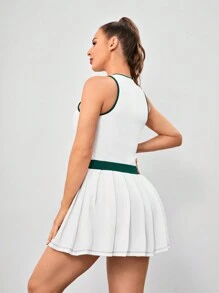 VARSITIE Contrast Binding Pleated Tank Dress,Women Tennis Outfit - White - View 2