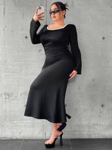 Flirla Plus Contrast Lace Trim Square Neck Drawstring Ruched Side Dress - Black - View 1