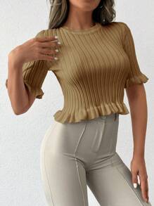 EURMUSE Flounce Sleeve Ruffle Hem Knit Top - Camel - View 3