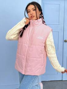 SHEIN EZwear Chaleco sin mangas acolchado para mujer, abrigo acolchado con cierre de cremallera y diseño de letra - Rosa coral - Ver 5