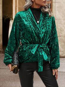 SHEIN LUNE Solid Belted Velour Padded Padded Coat Clothes Winter - Dark Green - View 4