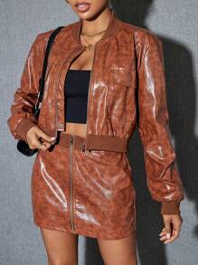 Aveloria Zip Up PU Leather Jacket & Skirt - Coffee Brown - View 4