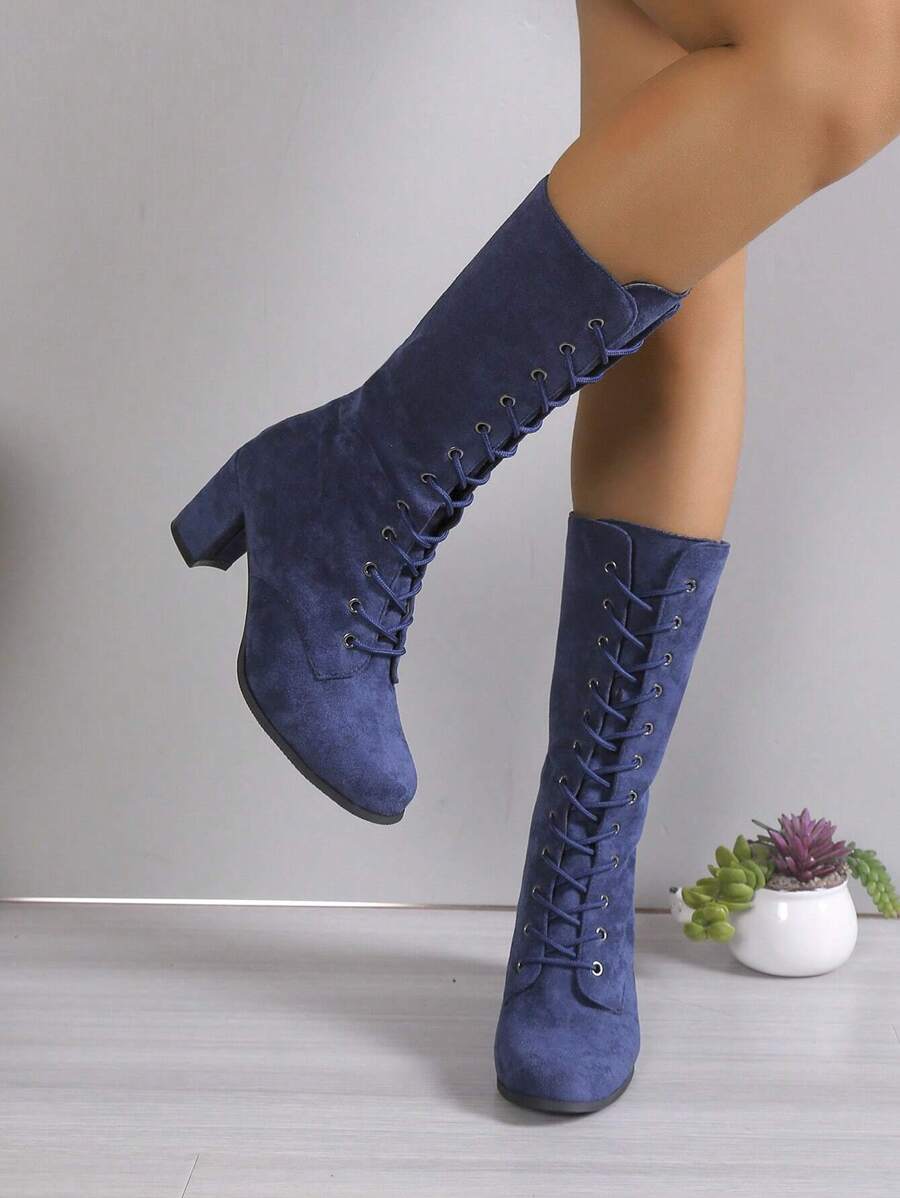 Women's Fashionable Front Tie Chunky Heel Motorcycle Boots