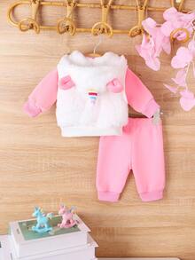 SHEIN 女嬰獨角獸印花套頭衫和運動褲&絨毛夾克背心 - 彩色 - 查看 2