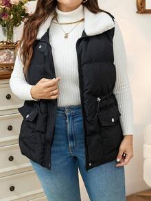 Calvaya Talla grande Abrigo chaleco acolchado de cintura con cordón con bolsillo con solapa - Negro - Ver 3