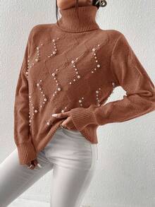 SHEIN Essnce 珍珠串珠高領落肩袖套頭毛衣 - 棕色 - 查看 5