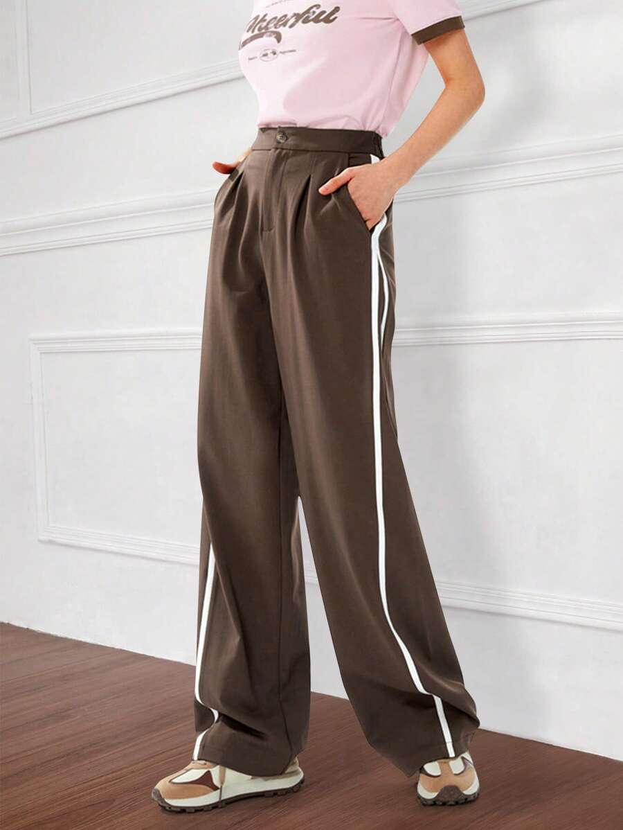 SHEIN Essnce Contrast Tape Side Wide Leg Pants - Brown - View 1