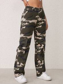 SHEIN Tall Camo Print Flap Pocket Cargo Jeans - Multicolor - View 3