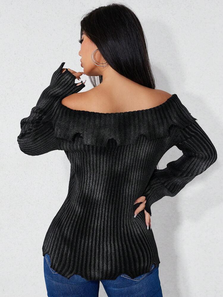 Foldover Off Shoulder Knit Pullover Fall Winter Sweater