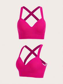 Easithlete Comfortable Sports Pink Bra Without Removable Pads, Solid Criss Cross Back Strappy Bras With Sewn-In Pads,High Impact Yoga Exercise Athletic Bras Non-Removable Pads For For Women High Support Racerback,Workout, Yoga, Running - Hot Pink - View 8