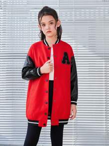 SHEIN Teen Girl Letter Patched Striped Trim Drop Shoulder Varsity Jacket - Green - View 1