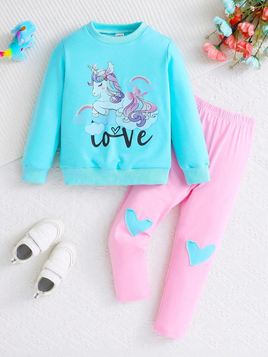 SHEIN 女小童獨角獸&字母圖案運動衫&緊身打底褲