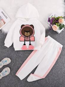 女小童小熊刺繡插肩袖連帽衫&拼接側邊接縫長褲 - 白色 - 查看 1