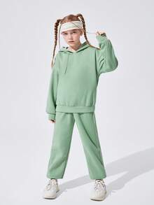 SHEIN Chica preadolescente Pantalones deportivos con capucha con bordado con patrón de slogan de hombros caídos - Verde - Ver 2