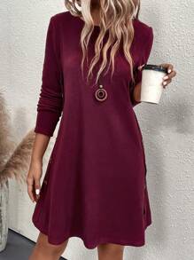 SHEIN LUNE Solid Button Detail Tee Dress - Burgundy - View 3