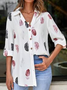 SHEIN LUNE Của phụ nữ Lông vũ In Nút xuống Áo sơ mi - trắng - Xem 5