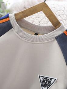 Tween Boy Letter Patched Contrast Tape Raglan Sleeve Pullover & Sweatpants - Beige - View 3