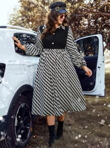 Calvaya Plus Wave Striped Print Lantern Sleeve Dress - Black - View 7