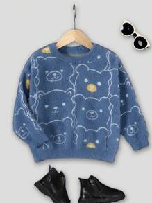 SHEIN Young Girl Bear Pattern Fluffy Sweater - Blue - View 1