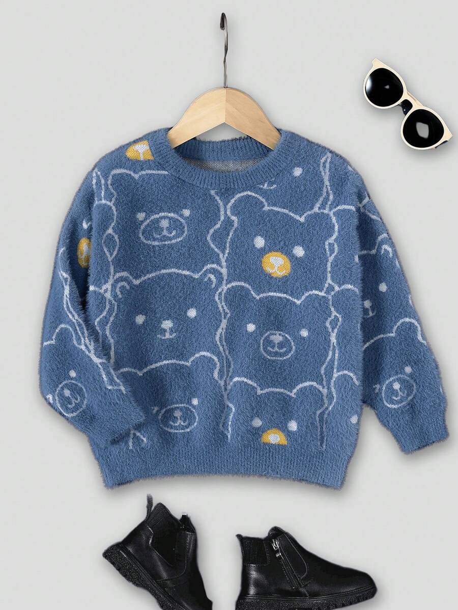 SHEIN Young Girl Bear Pattern Fluffy Sweater - Blue - View 1