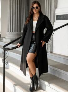 Celure Plus Lapel Neck Drop Shoulder Belted Overcoat - Black - View 1