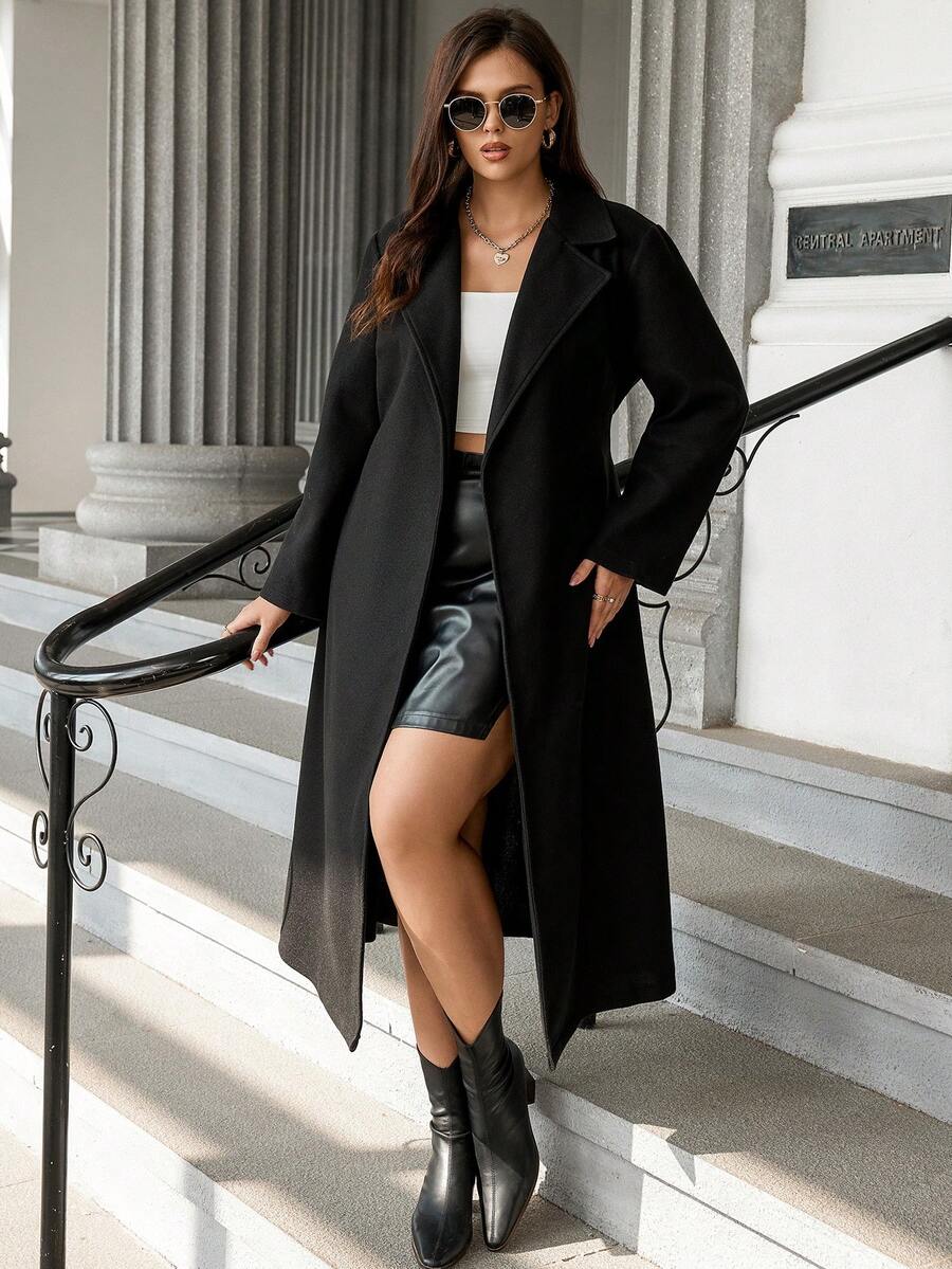 Celure Plus Lapel Neck Drop Shoulder Belted Overcoat - Black - View 1