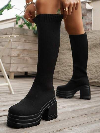 Fall/Winter 2025 New Arrival, Women's Casual Knit High Heel Platform Over-The-Knee Boots, Wear With Shorts, Wear With Black Dress, With Elastic Band