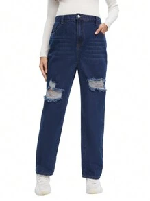 SHEIN Maternity Ripped Straight Leg Jeans - Dark Wash - View 6