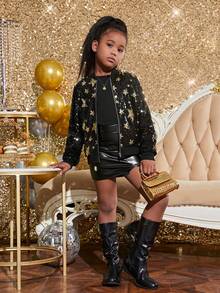 SHEIN Tween Girl Star Print Teddy Lined Bomber Jacket - Black - View 6