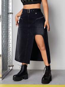 SHEIN ICON Hơn Chi tiết đáng kinh ngạc Tách đùi Váy Denim Không có thắt lưng - màu đen - Xem 4