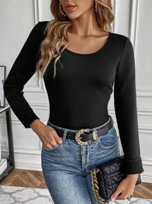 SHEIN LUNE Chất rắn Scoop Cổ Nhiệt Áo thun - màu đen - Xem 4