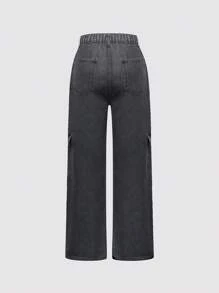 SHEIN 青少年女孩翻蓋口袋工裝牛仔褲