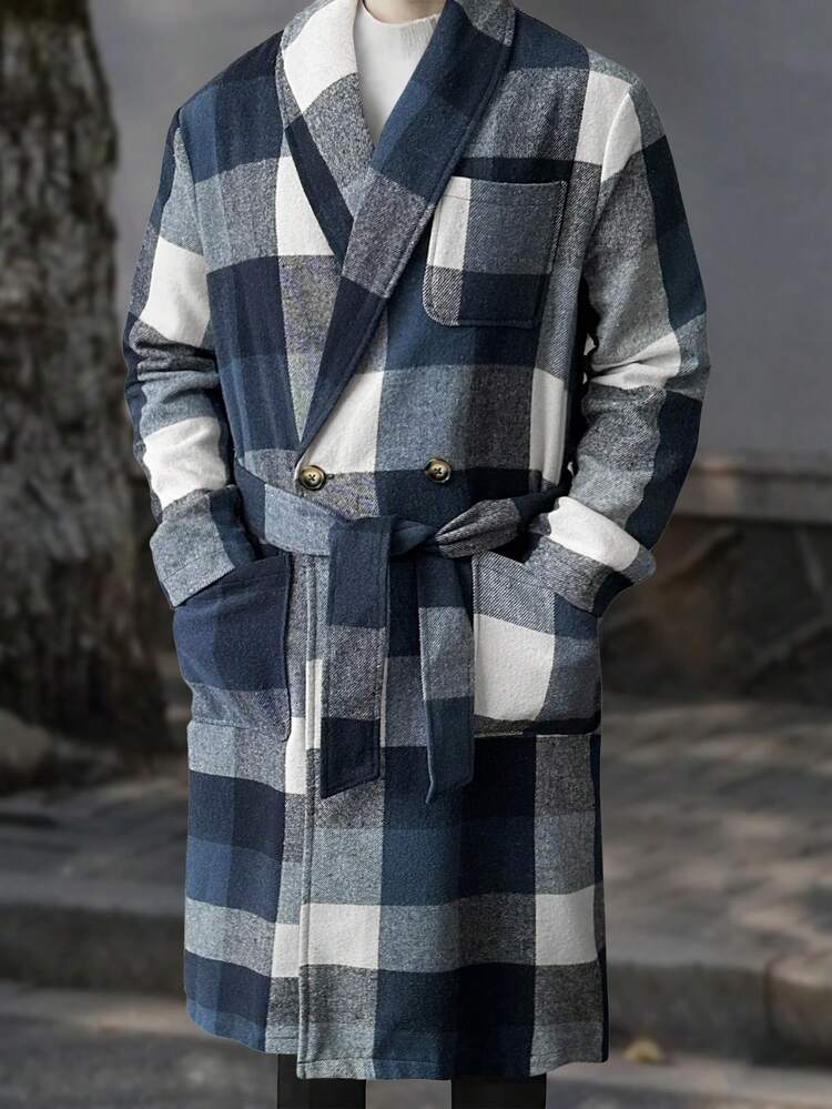Men's Loose Fit Plaid Double Button Coat With Dual Pockets And Belt