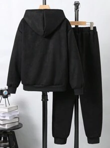 SHEIN 男孩簡約風和休閒連帽衛衣和衛褲套裝帶字母刺繡設計,秋天 - 彩色 - 查看 2