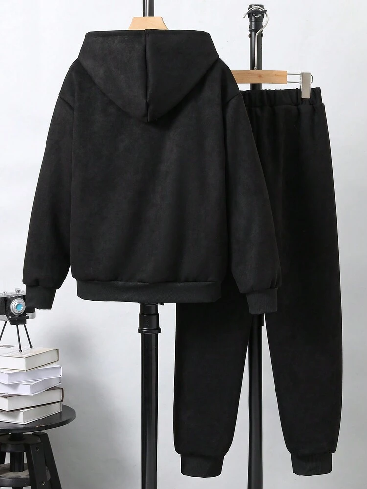 Boys' Simple And Casual Hooded Sweatshirt And Sweatpants Set With Embroidered Letter Design, Autumn