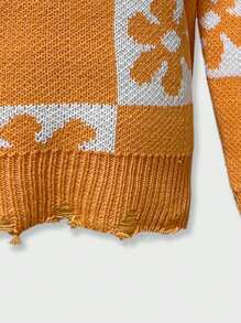SHEIN Chica preadolescente Jersey con patrón floral de hombros caídos roto ribete - Naranja - Ver 4